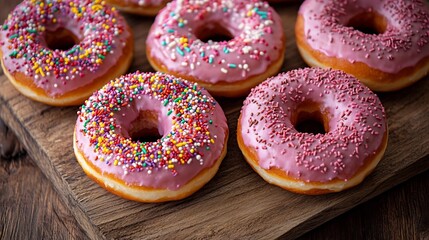 Gourmet donuts with sprinkles and artistic frosting design photographed on a natural wooden board for rustic dessert styling overlay cut out on isolated transparent removed background