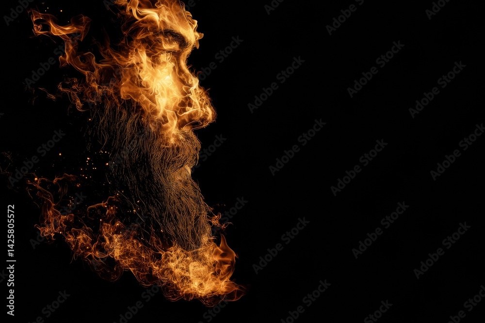 Poster Glowing Flames Form a Mystical Beard on a Dark Backdrop, Creating a Stunning Fantasy Fire Concept in Vibrant Hues