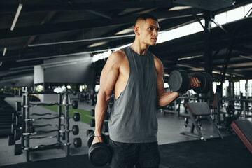 Horizontal photo of caucasian bodybuilder man in sportswear lifting weights and training biceps with dumbbells at modern gym. Bodybuilding, fitness and health care concept.
