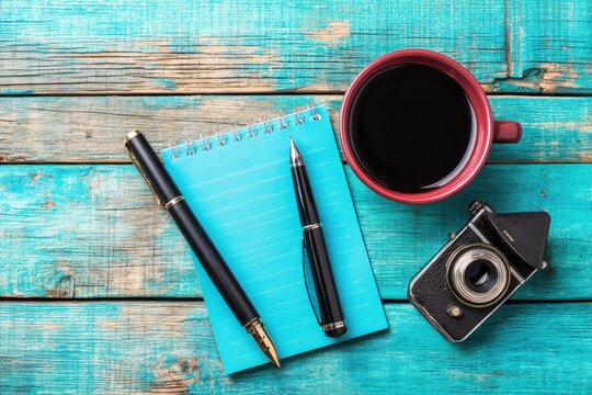 Turquoise Wood, Coffee, and Creative Essentials A Flat Lay Composition for Inspiration