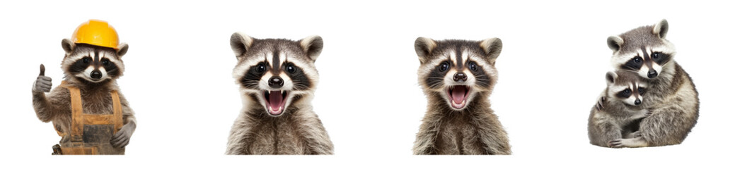 Four Raccoons in Various Poses and Emotions, cut out transparent