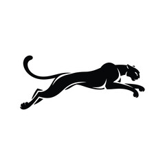 Obraz premium Black Silhouette Vector of Leaping Panther in Full Sprint with Streamlined Muscular Body on White Background