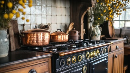 Rustic copper pots and pans on a vintage gas stove.