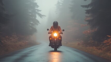 Misty motorcycle ride through forest