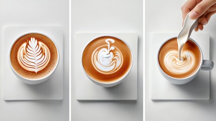 Latte art coffee cup on white background, latte art coffee with milk swirl, close-up latte art coffee with foam design, Art latte designs on coffee beverages.