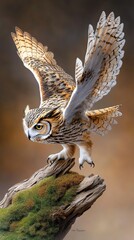 Majestic owl poised on a mossy log.