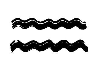 Paint brush waves set, black grunge line of watercolor. Dirty uneven hand drawn wavy stripes. Collection of horizontal silhouettes, elements with torn edge, rough texture. Vector illustration