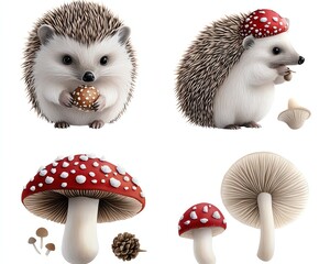 Cute hedgehogs with mushrooms in whimsical design