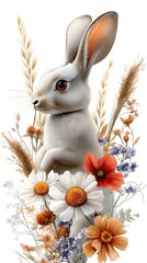 A white rabbit surrounded by colorful flowers.