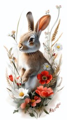 Cute rabbit surrounded by vibrant flowers.