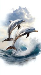 Two dolphins jumping in ocean waves.