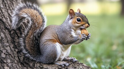 Obraz premium Squirrel eating nut on tree trunk, park background, nature wildlife photo