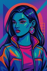 Ilustrasi Digital Karakter Gaya Retro Futuristik dengan Nuansa Neon Pop Art
