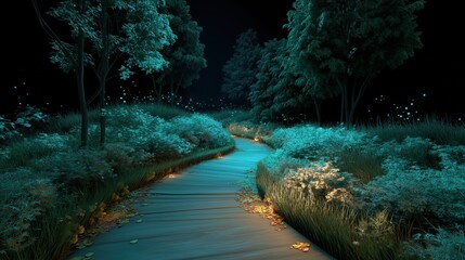 A winding wooden pathway illuminated by soft lights meanders through a lush, enchanted forest at night, creating a serene and magical atmosphere perfect for fantasy or fairytale