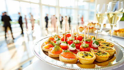 Corporate Event Catering: Gourmet appetizer platter with canapés, quiches at professional networking mixer. Upscale business hospitality concept.