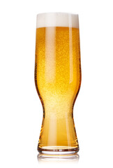 A glass of beer with a golden hue and frothy head, isolated on a clean white background