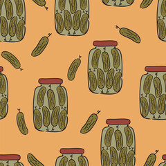 Seamless pattern featuring jars of pickled cucumbers, perfect for kitchen decor, packaging, wrapping paper, or culinary-themed designs. Charming and rustic style ideal for food lovers.