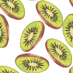 Fototapeta premium Watercolor seamless pattern of kiwi fruit flying slice isolated on a white background. Hand-drawn botanical illustration, sketch for textile, wrapping paper, wallpaper, design
