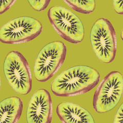 Fototapeta premium Watercolor seamless pattern of kiwi fruit flying slice isolated on a warm green background. Hand-drawn botanical illustration, sketch for textile, wrapping paper, wallpaper, design