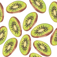 Fototapeta premium Watercolor seamless pattern of kiwi fruit flying slice isolated on a white. A slice of green fruit. Hand-drawn botanical illustration, sketch for textile, wrapping paper, wallpaper, design