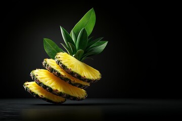 Naklejka premium Falling pineapple slices isolated on a white background, 3D rendering, asymmetrical composition, soft lighting, minimalist style, high-resolution photography, high detail, high quality