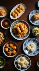 An Exquisite Display of Asian Cuisine: An Array of Appetizing Dishes Showcasing a Rich Culinary Tradition and Enticing Flavors in Every Bite.