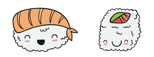 Set Hand drawn kawaii sushi