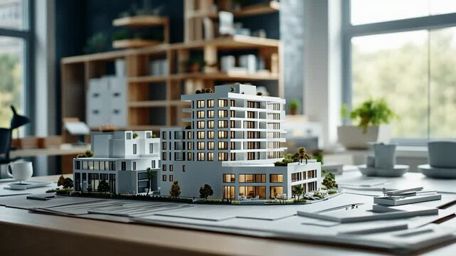 Architectural Model of Urban Complex on Drafting Table
