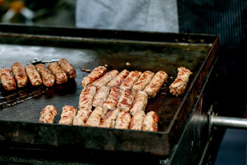 Grilled Meat Kebabs On Cooking Griddle