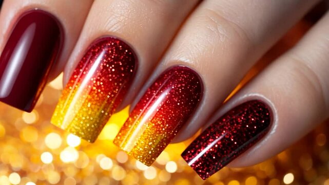 Fall-toned nails, ombre design, close-up