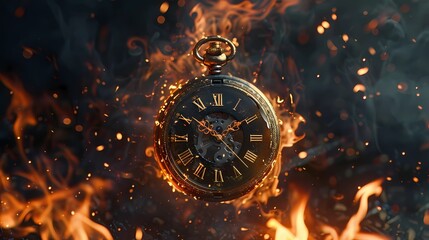 An antique pocket watch engulfed in flames against a dark background, symbolizing the relentless passage of time, Generative AI illustrations