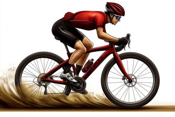 Fototapeta premium a 2D cartoon illustration of a cyclist racing on a road, fast and determined, white background