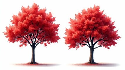 Two Red Maple Trees, White Background