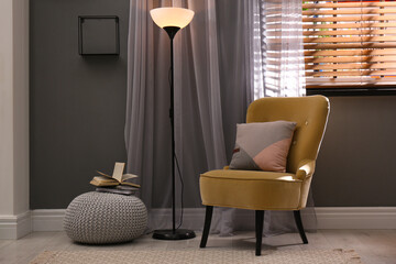 Beautiful curtains on window in stylish room interior