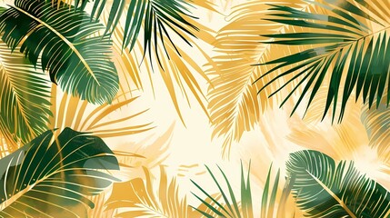 A background pattern gold with palm leaves, colours gold, white and green, Generative AI illustrations