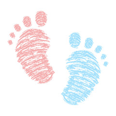 Baby Footprints Pink and Blue. Hand Drawn Crayon Texture Feet Illustration. Cute Newborn Symbol for Birth Announcement, Nursery Art, Gender Reveal, Kids Design