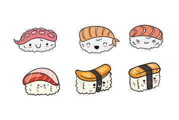 Set Hand drawn kawaii sushi