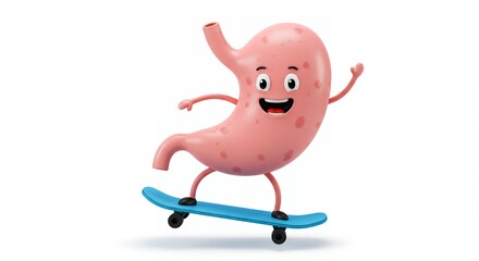 Animated stomach character skateboarding health and wellness concept