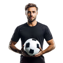 Isolated on white background, footballer holding a match ball
