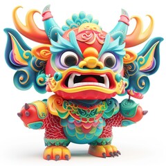 Colorful, stylized chinese guardian figure, rendered in 3d.