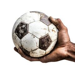 Isolated on white background, close-up of a footballer's hand holding the ball