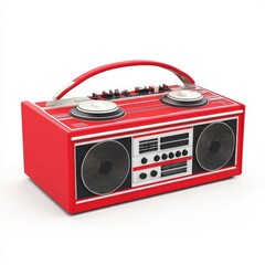 Retro red boombox stereo system against a white background.