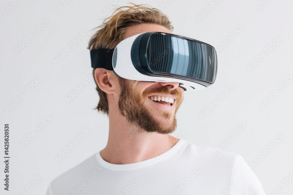 Fototapete happy man enjoys virtual reality experience with headset isolated on flat white background in a brig