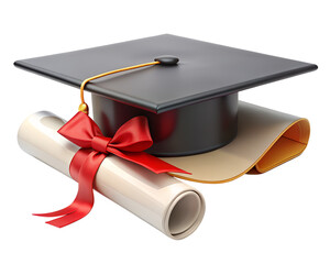 graduation cap and diploma on white