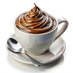 Coffee cup with swirl of cream and chocolate spoon on white background