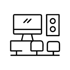 Computer workstation setup desktop pc monitor speaker and chairs line art vector design icon graphic