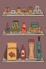 Illustration of pantry shelves filled with jars of preserves, pickled vegetables, canned goods, and bottles of oil.