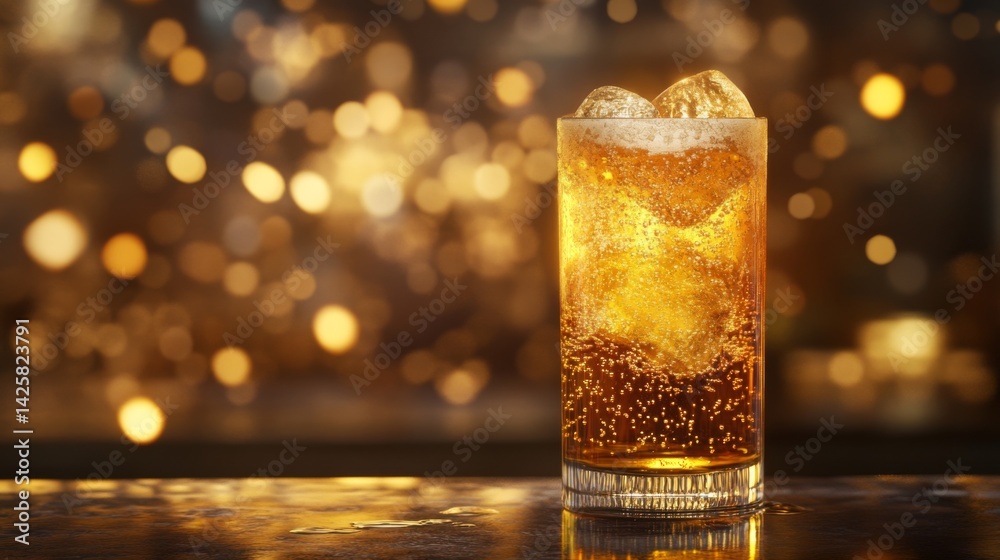 Poster a chilled beer glass with ice, condensation forming on the outside, placed on a countertop with a wa