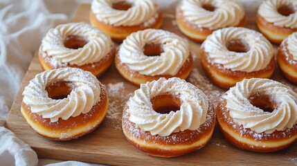 Rustic donuts with powdered sugar and elegant frosting swirls placed on a natural wooden board for a cozy aesthetic overlay cut out on isolated transparent removed background