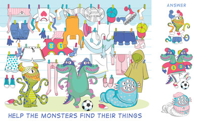 Help little monsters find their things, pick out their clothes. Educational game for children. Cartoon vector illustration